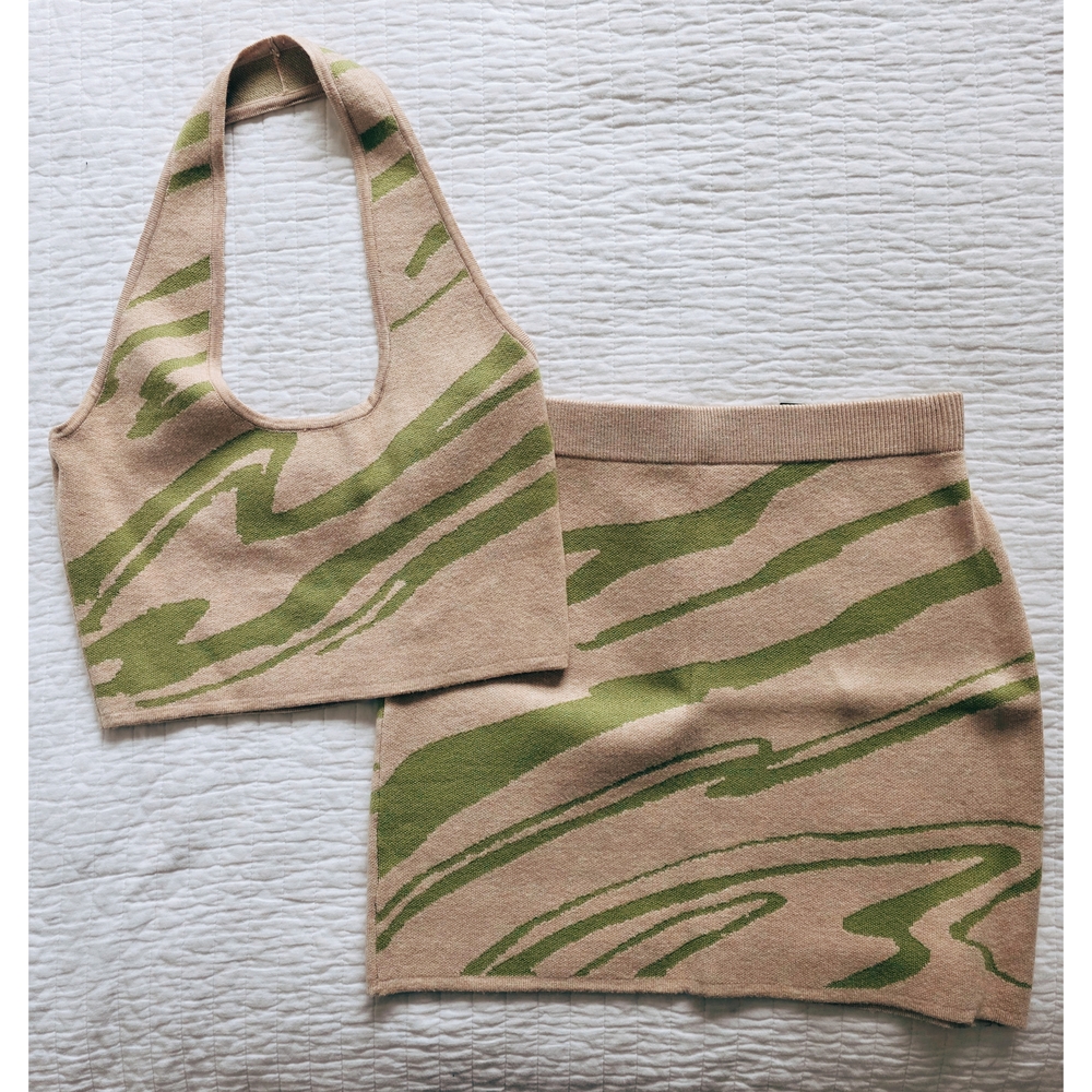 Tan and Green Knit Halter Top and Skirt Set